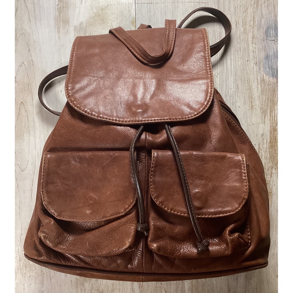 Vintage Brown Leather Backpack Rucksack Drawstring Flap Pockets Side Zip